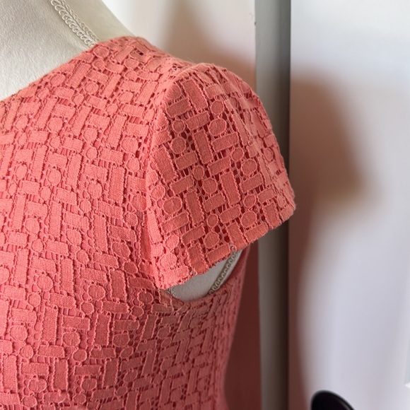 Coral pink lace eyelet fitted midi dress with cap sleeves - Picture 6 of 9